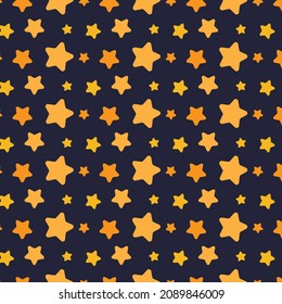 Seamless pattern with orange and yellow rounded stars on dark blue background. Repeating pattern for background, textile, wallpaper. Vector illustration EPS 10