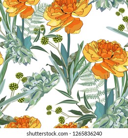 Seamless pattern with orange yellow Tulip and many kind of herbs with and succulent on a white background.