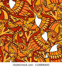 Seamless pattern of orange zentangle abstract slipping foxes in african style.