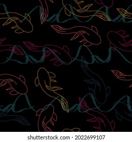 Seamless pattern with orange-brown stylized exotic fish on black background. Asian spiritual symbols.