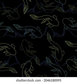 Seamless pattern with orange-brown stylized exotic fish on black background. Koi carp fishes vector illustration, multicolored swimming oriental goldfish set isolated on dark background