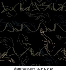Seamless pattern with orange-brown stylized exotic fish on black background. Asian spiritual symbols. Koi fish. Vector illustration 