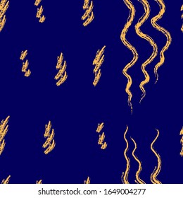 Diseño sin inconvenientes con adorno abstracto de color naranja-dorado sobre un fondo azul oscuro. Apropiado para tela, papel de envoltura, servilletas. Gráficos vectoriales.