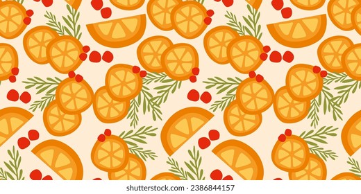 Seamless pattern with Oranges, Berries and Rosemary. Food Color art print. Modern design for Wrapping paper, covers, cards, fabrics, interior items and other users. Vector Flat style illustration.