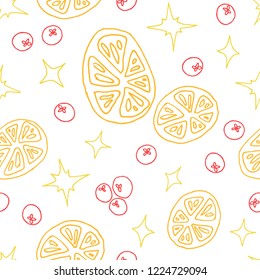 Seamless pattern with oranges, berries and stars in lineart style