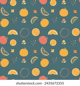 Seamless pattern with oranges in cartoon style. Perfect for kids design, textile, greeting card design, fabric print, baby shower, wrapping paper design, nursery pattern, birthday card, flat design.