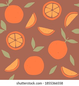 Nahtloses Muster mit Orangen. Zitrusfrüchte erhalten eine moderne Farbstruktur. Abstrakte Vektorgrafik.