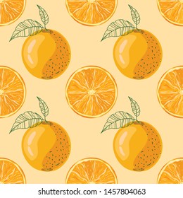Seamless pattern with oranges. Citrus on an orange background. Wallpaper, print, wrapping paper. Vector illustration.