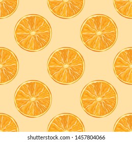 Seamless pattern with oranges. Citrus on an orange background. Wallpaper, print, wrapping paper. Vector illustration.