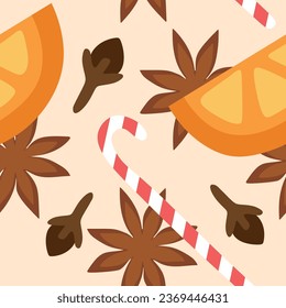 Seamless pattern with Oranges, Clove, Candy cane and Anis stars. Mulled wine isolated ingredients. Vector illustration of spices in flat style. Christmas drink template for postcard, wrapping paper.