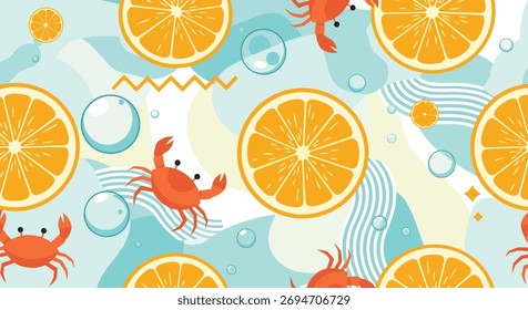 Padrão contínuo com laranjas, caranguejos e bolhas em um fundo ondulado azul claro.