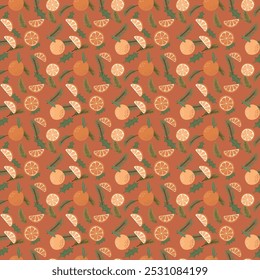 Nahtloses Muster mit Orangen und Tannenzweigen. Vektorgrafik in hellen Farben.