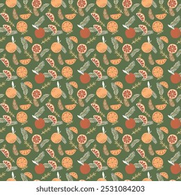 Seamless pattern with oranges and fir branches. Vector illustration in bright colors.