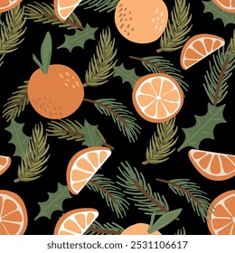 Seamless pattern with oranges and fir branches. Vector illustration in bright colors.