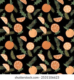 Padrão contínuo com laranjas e ramos de abeto. Ilustração vetorial em cores brilhantes.