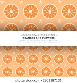 Seamless pattern with oranges and flowers. Decorative flat style with botanical elements.