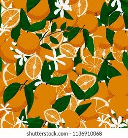 Seamless pattern with oranges, flowers and leaves. Stock vector