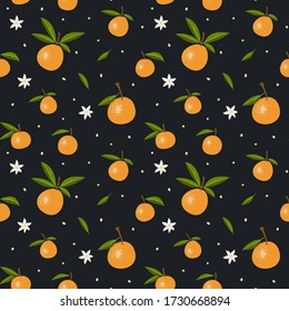 Patrón sin foco con naranjas y flores sobre fondo oscuro. Ilustración vectorial, estilo de dibujos animados.