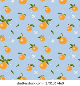 Nahtloses Muster mit Orangen und Blumen auf blauem Hintergrund. Vector Illustration, Cartoon Stil.