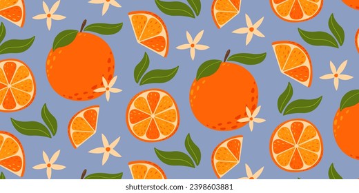Patrón sin foco con naranjas y flores. Ilustración vectorial de frutas de verano en estilo plano de caricatura sobre fondo aislado. Para papel, cubierta, tela, envoltura de regalo