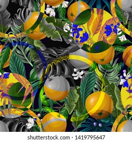Seamless pattern with  oranges and flowers for textile design. Vector.