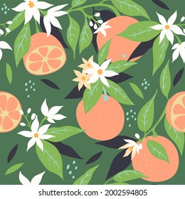 Seamless pattern with oranges and flowers. Vector graphics.