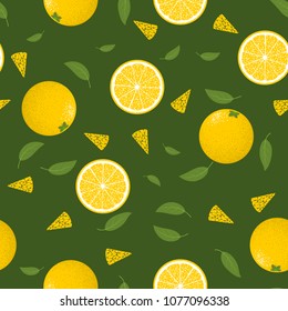 Seamless Pattern with Oranges Fruit. Fresh Citrus Fruit Background with Green Petals. Stylized Slice and Flesh of Orange. Seamless Pattern with Vector Oranges for Tablecloth, Paper, Fabric, Textile.