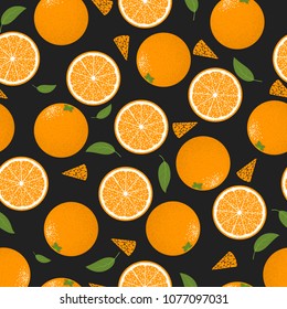 Seamless Pattern with Oranges Fruit. Fresh Citrus Fruit Background with Green Petals. Stylized Slice and Flesh of Orange. Seamless Pattern with Vector Oranges for Tablecloth, Paper, Fabric, Textile.