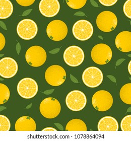 Seamless Pattern with Oranges Fruit. Fresh Citrus Fruit Background with Green Petals. Stylized Slice and Flesh of Orange. Seamless Pattern with Vector Oranges for Tablecloth, Paper, Fabric, Textile.