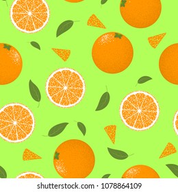 Seamless Pattern with Oranges Fruit. Fresh Citrus Fruit Background with Green Petals. Stylized Slice and Flesh of Orange. Seamless Pattern with Vector Oranges for Tablecloth, Paper, Fabric, Textile.