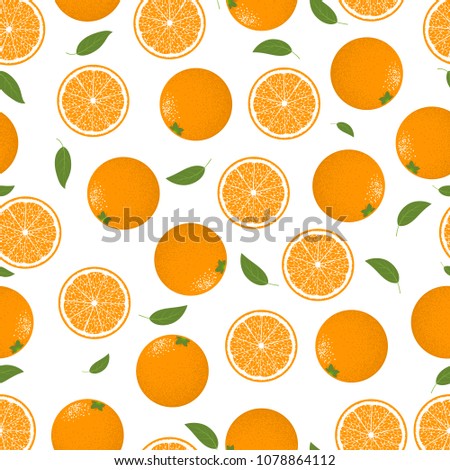 Seamless Pattern with Oranges Fruit. Fresh Citrus Fruit Background with Green Petals. Stylized Slice and Flesh of Orange. Seamless Pattern with Vector Oranges for Tablecloth, Paper, Fabric, Textile.