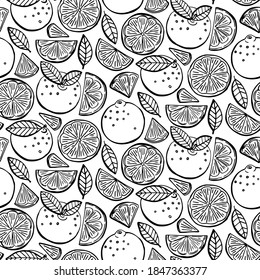 Seamless pattern with oranges fruits  and leaves. Graphic hand drawn engraving style. Doodle illustration for packaging, menu cards, posters, prints.