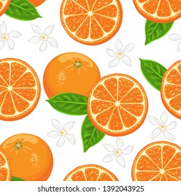 Seamless pattern with oranges, green leaves and flowers on white background. Vector illustration of citrus fruits, whole and slices in cartoon flat style.