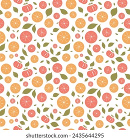 Seamless pattern with oranges and green leaves on a white background, Design for background, fabric, carpet, textiles, pillows, clothes, wrapping, labels, packaging, wallpaper, notepads, vector