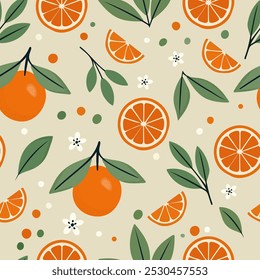 Patrón sin fisuras con naranjas, hojas verdes y flores blancas en un estilo de diseño plano. Conveniente para los textiles, cubiertas, Fondo de pantalla, papel de embalaje