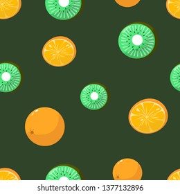 Seamless pattern of oranges and kiwi on dark green background cartoon style vector illustration