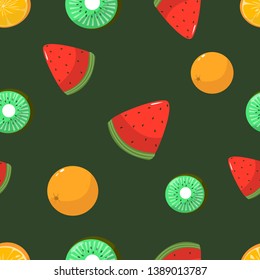 Seamless pattern of oranges kiwi and watermelon on dark green background cartoon style vector illustration