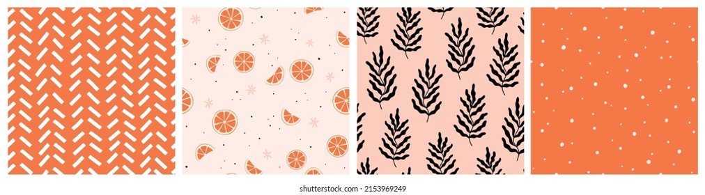 Patrón sin foco con naranjas, hojas y elementos abstractos. Antecedentes vectoriales con frutos dibujados a mano, plantas, ramas inspiradas en Matisse, puntos. Textil de textura creativa