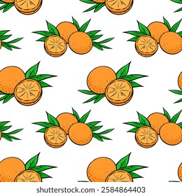 Seamless pattern with oranges and leaves, citrus fruit background for fabric, textile, wallpaper, packaging and design