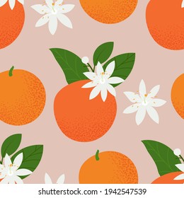 Seamless pattern with oranges, leaves and flowers. Summer tropical background. Vector illustration, floral design