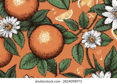 Seamless pattern of oranges leaves and flowers featuring vibrant halftone dot effect over deep orange background for textile and home decor print.