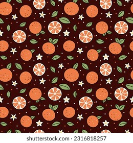 Patrón sin foco de naranjas y hojas Fondo vectorial de frutas