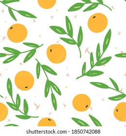 Nahtloses Muster mit Orangen und Blättern auf weißem Hintergrund. Modernes Design für Gewebe und Papier, Oberflächenstruktur.