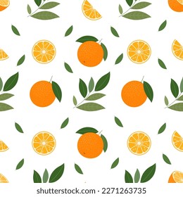 Seamless pattern with oranges and leaves on a white background.