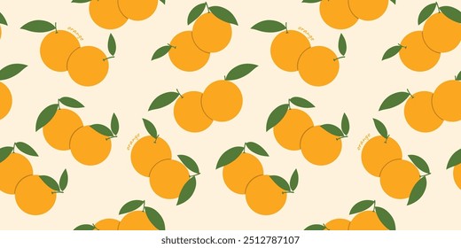 Seamless pattern of oranges with leaves on white background, vector tropical background for design.
