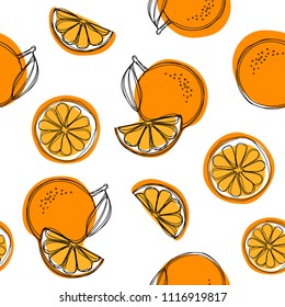 Seamless pattern with oranges and leaves. Vector texture illustration.