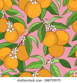 Seamless pattern with oranges, leaves, white flowers on pink