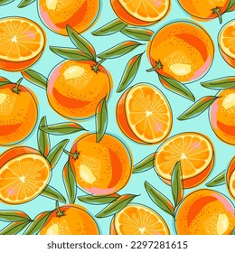 Seamless pattern with oranges and leaves. A whole orange and half a fruit. Bright colorful fruits on a blue background. Hand drawn in sketch style. Cartoon design. Vector.