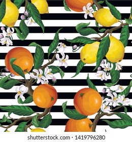 Seamless pattern with  oranges, lemons and flowers for textile design. Vector