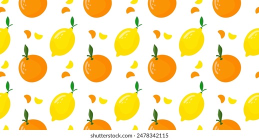 Seamless pattern with oranges, lemons, juicy splashes on white background. For product label design, juice, fabric, cover, tableware. Vector illustration 